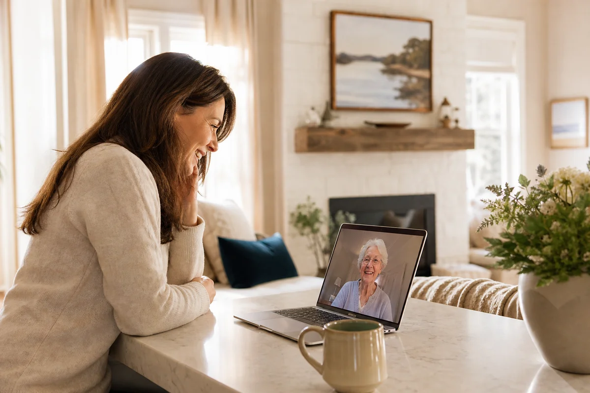 Adult child on a video call with a senior parent across the country, soft warm light, candid editorial style